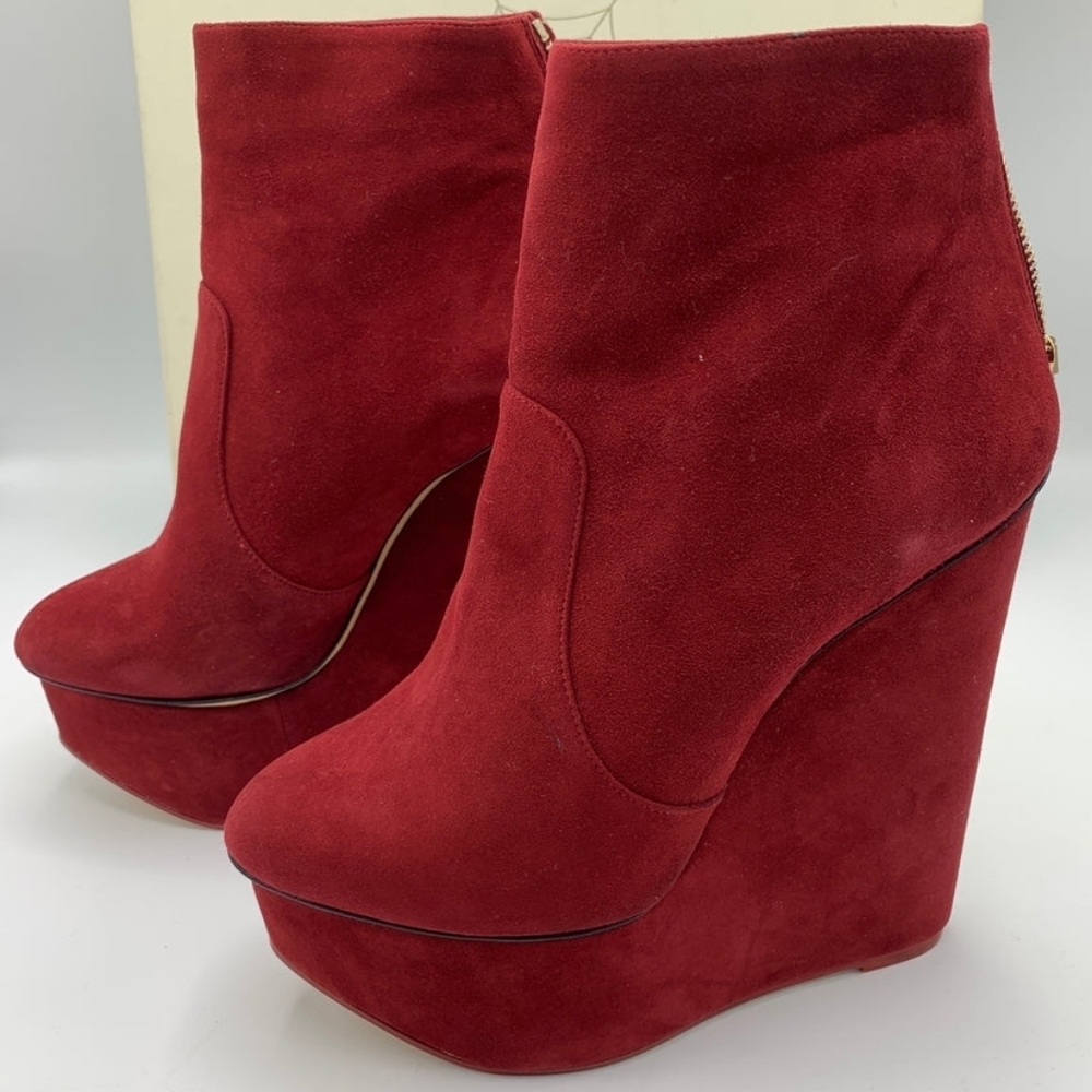 CHARLOTTE OLYMPIA Bordeaux Red Suede Bowie Platform Abkle Boots